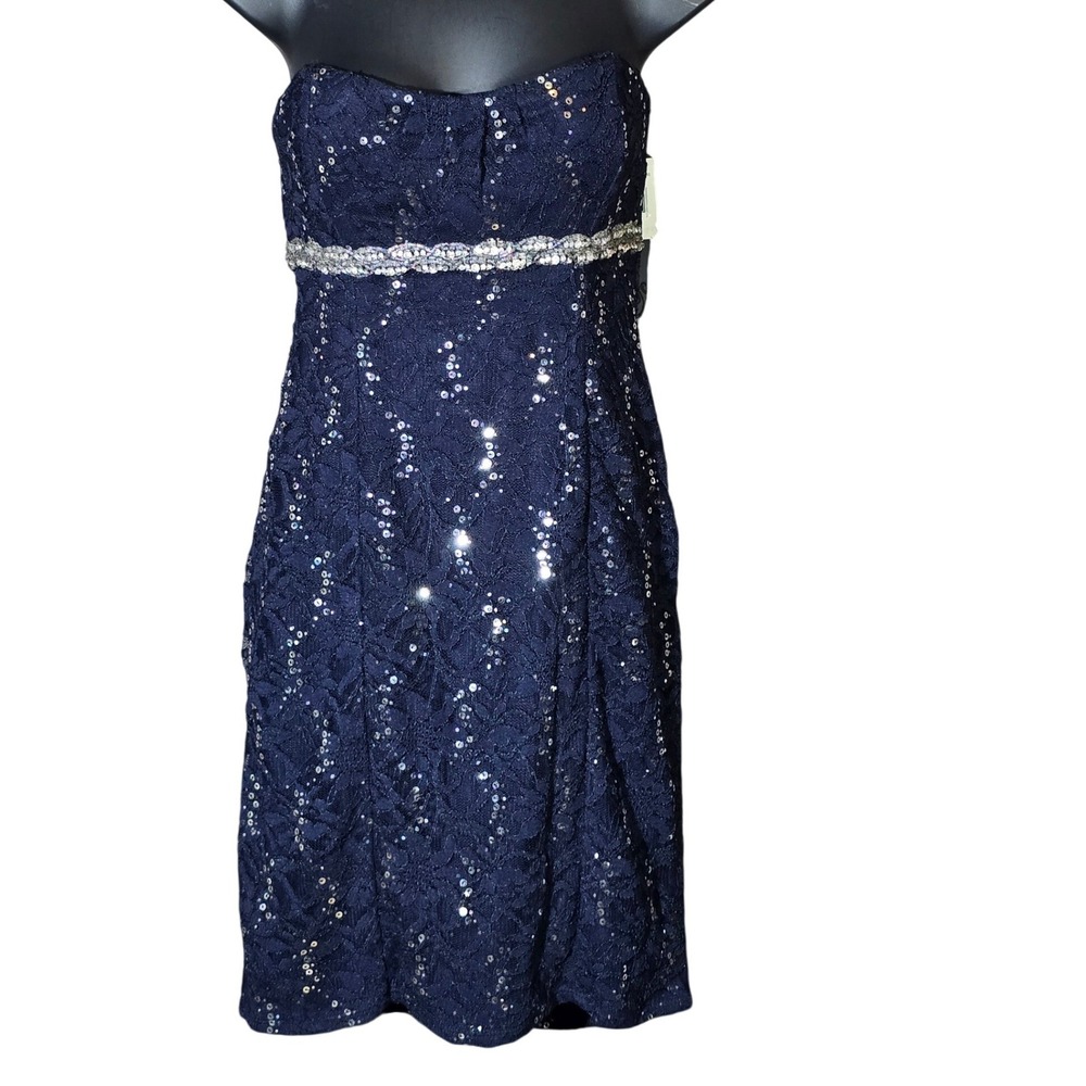 My Michelle Navy Blue Sequin Lace Strapless Formal‎ Cocktail Dress Size 13